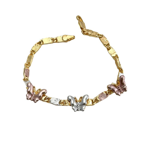 Butterflies mariner link chain tri - color 18k of gold plated bracelet 7.5 bracelets