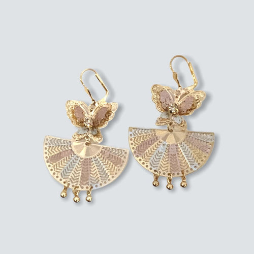 Butterflies tricolor chandelier earrings 18k of gold plated