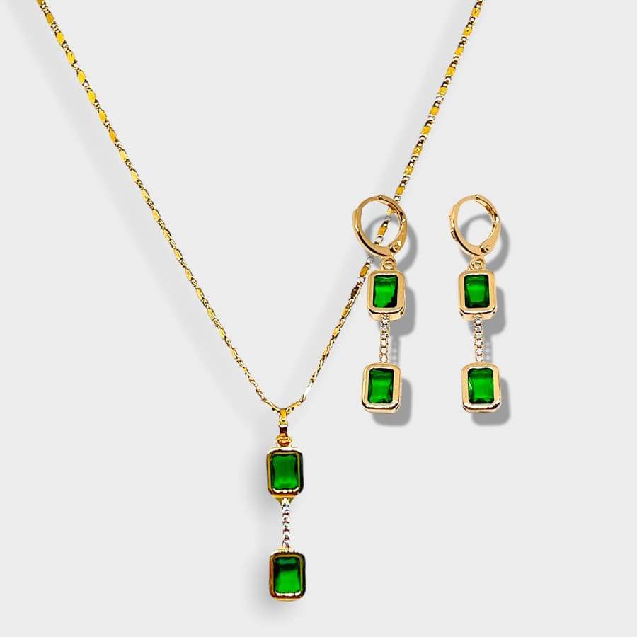 Cesme double faux emerald square stone necklace 18kts gold plated set necklace
