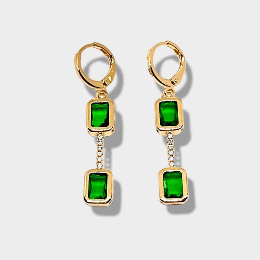 Cesme double faux emerald square stone necklace 18kts gold plated earrings necklace