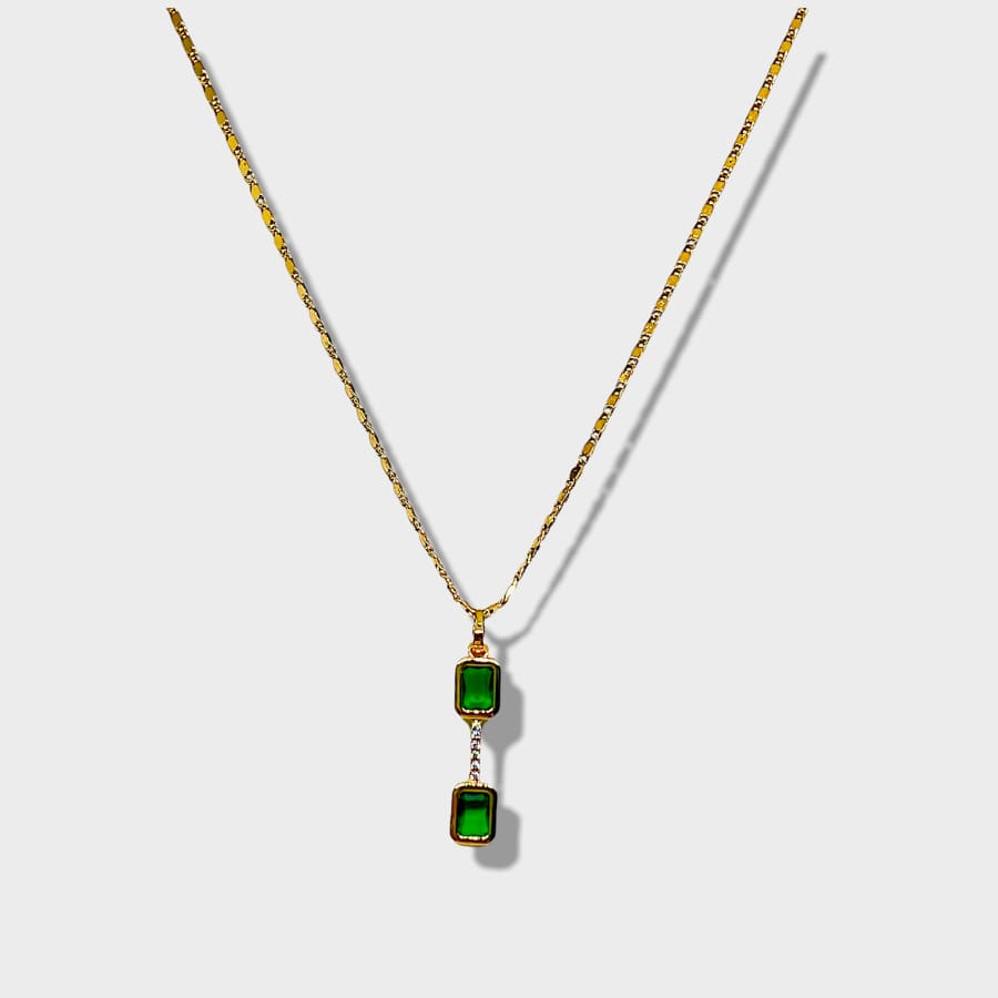 Cesme double faux emerald square stone necklace 18kts gold plated necklace