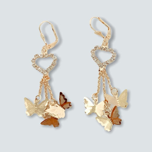 Clear cz hearts fringe butterflies earrings in 18k of gold plated earrings