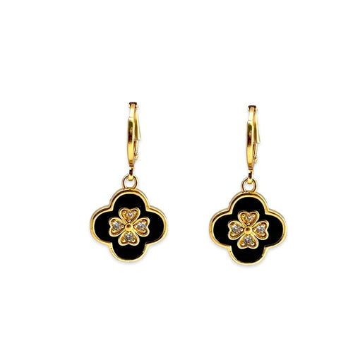 Clover petals black and white drop earrings in 18k of gold - filled