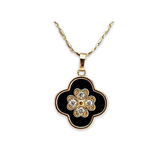Black enamel clover petals and crystals white pendant necklace in 18k gold filled chains