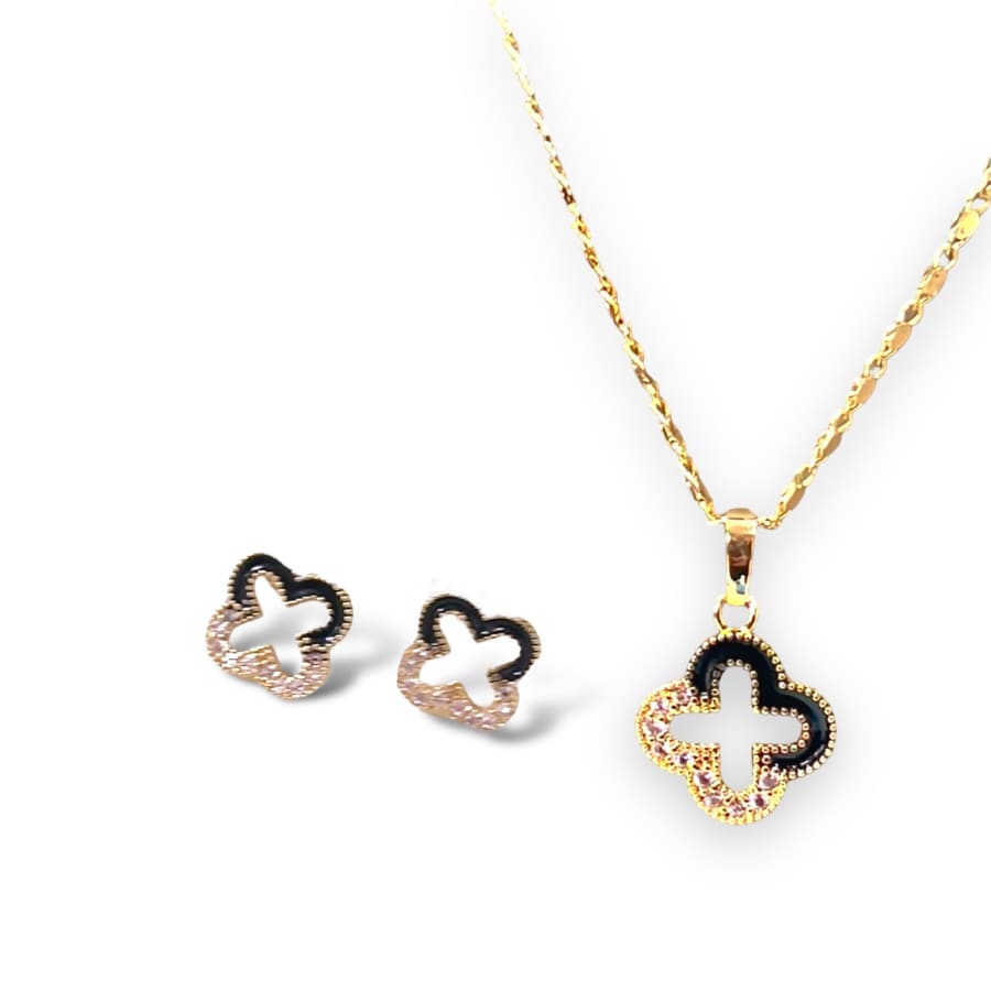 Cz black and pink clover petals crystals white pendant necklace in 18k gold filled chains