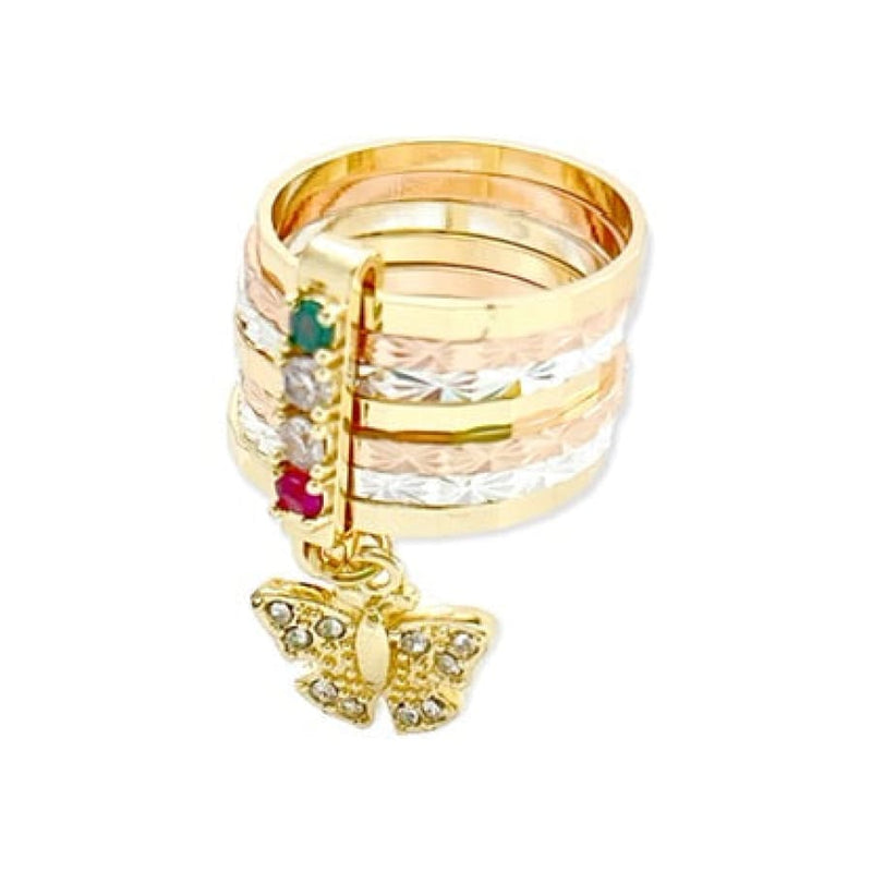 Cz butterfly charm tri-color semanario ring in 18k gold plated rings