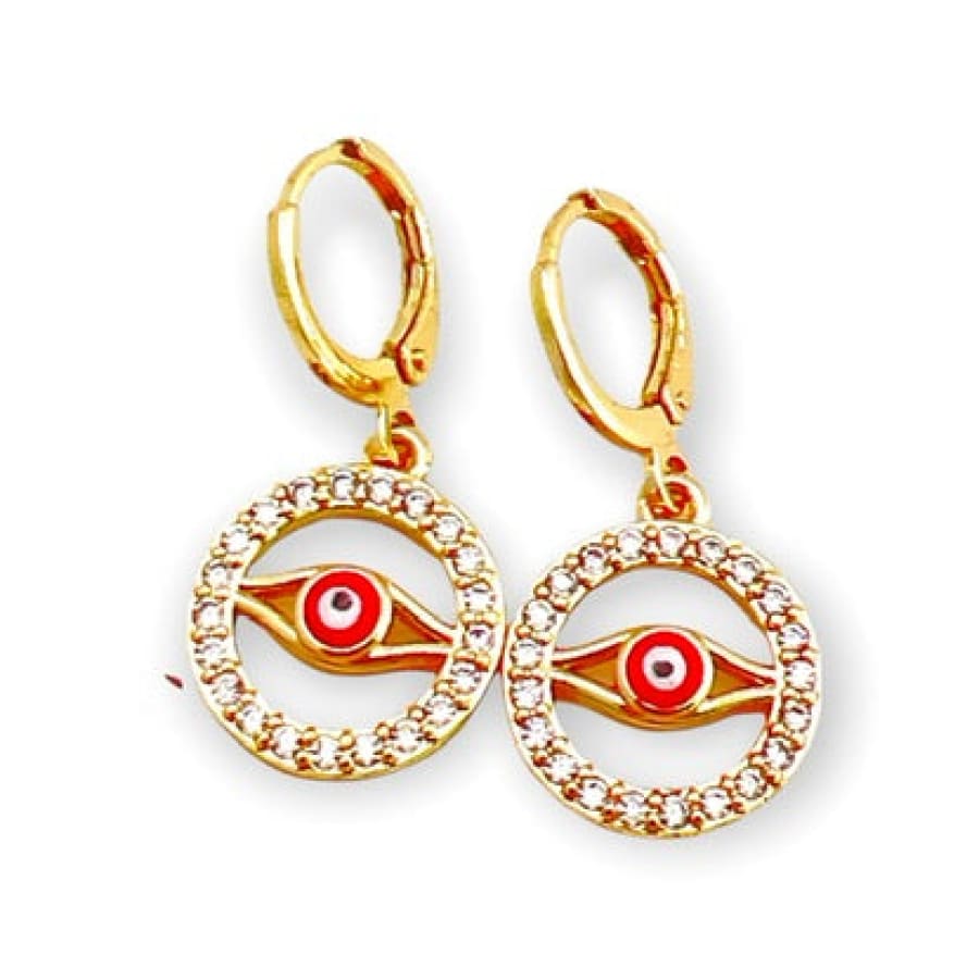 Cz circle with red evil eye drop earrings in 18k of gold plated earrings