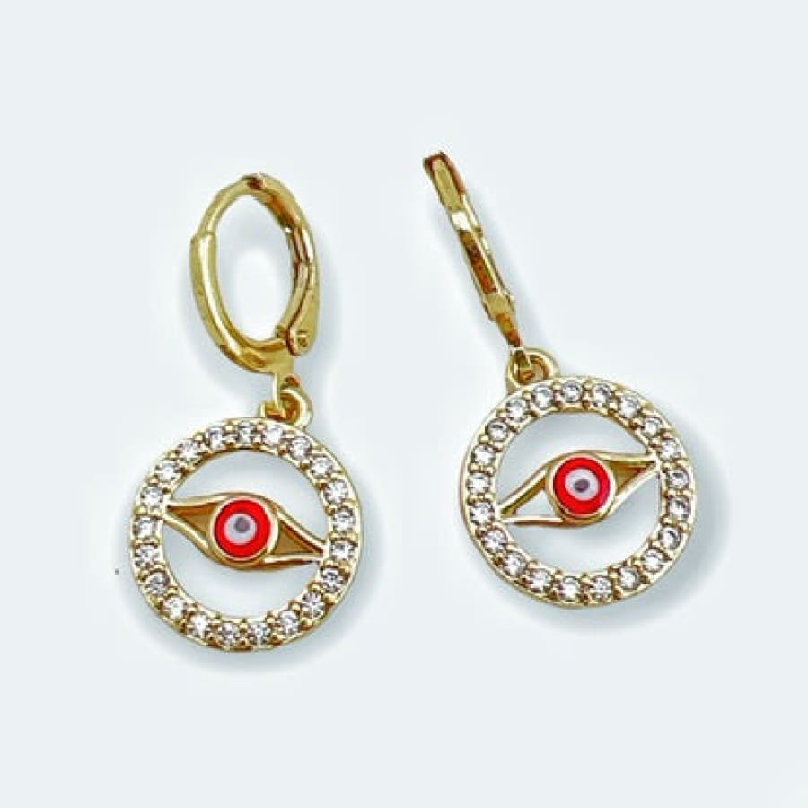 Cz circle with red evil eye drop earrings in 18k of gold plated earrings
