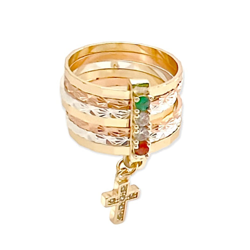 Cz cross charm tri-color semanario ring in 18k gold plated rings