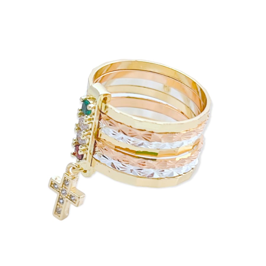 Cz cross charm tri-color semanario ring in 18k gold plated rings