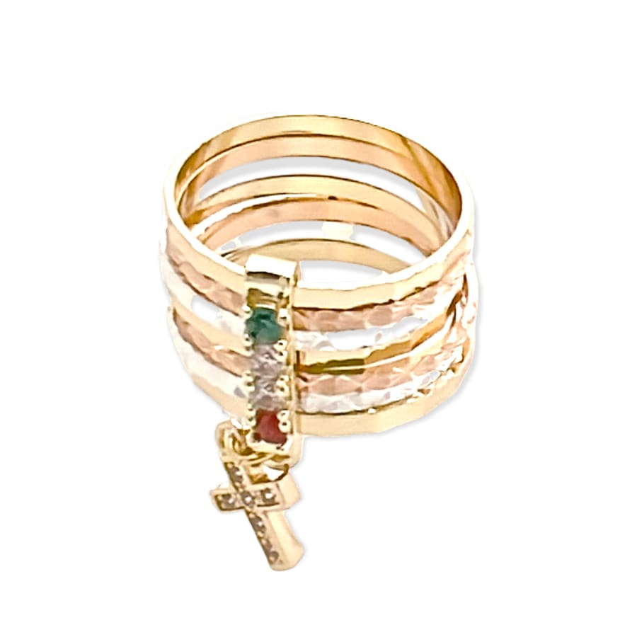 Cz cross charm tri-color semanario ring in 18k gold plated rings