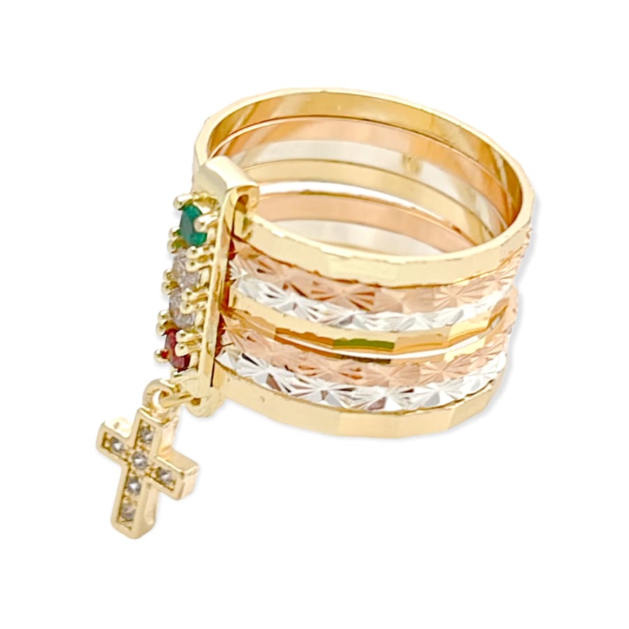 Cz cross charm tri-color semanario ring in 18k gold plated rings