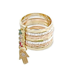 Cz hamsa hand charm tri - color semanario ring in 18k gold plated rings