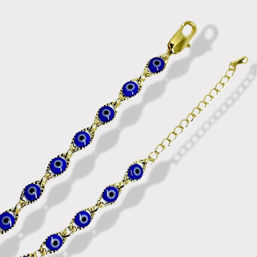 Diamond cut oval shape evil eye 18kts of gold plated bracelet / anklet blue link bracelets