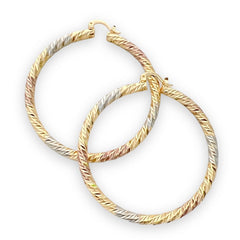 Diamond cut rope like three colors hoops earrings in 14k of gold plated earrings