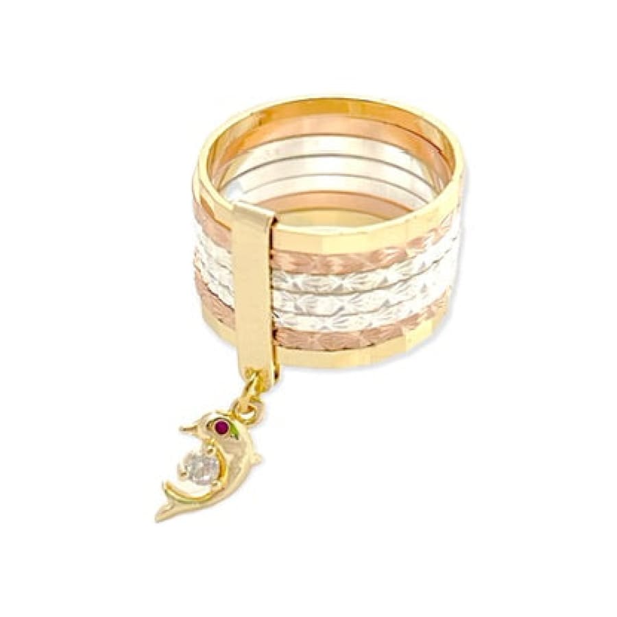 Dolphin charm tri-color semanario ring in 18k gold plated rings