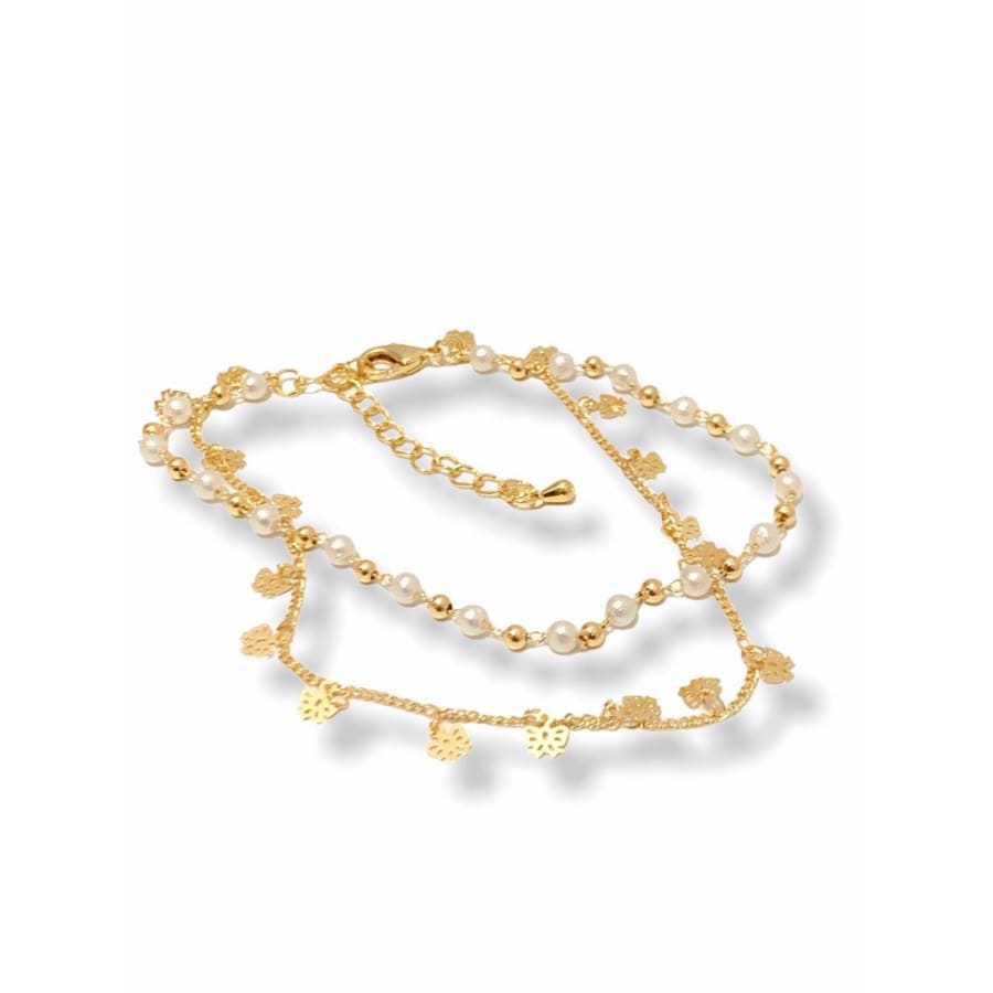 Double chains butterflies and pearls charm anklet 18k of gold plated anklet