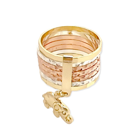 Cz hamsa hand charm tri-color semanario ring in 18k gold plated