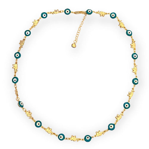 Elephant with blue evil eye beads necklace in 18k of gold plated chains