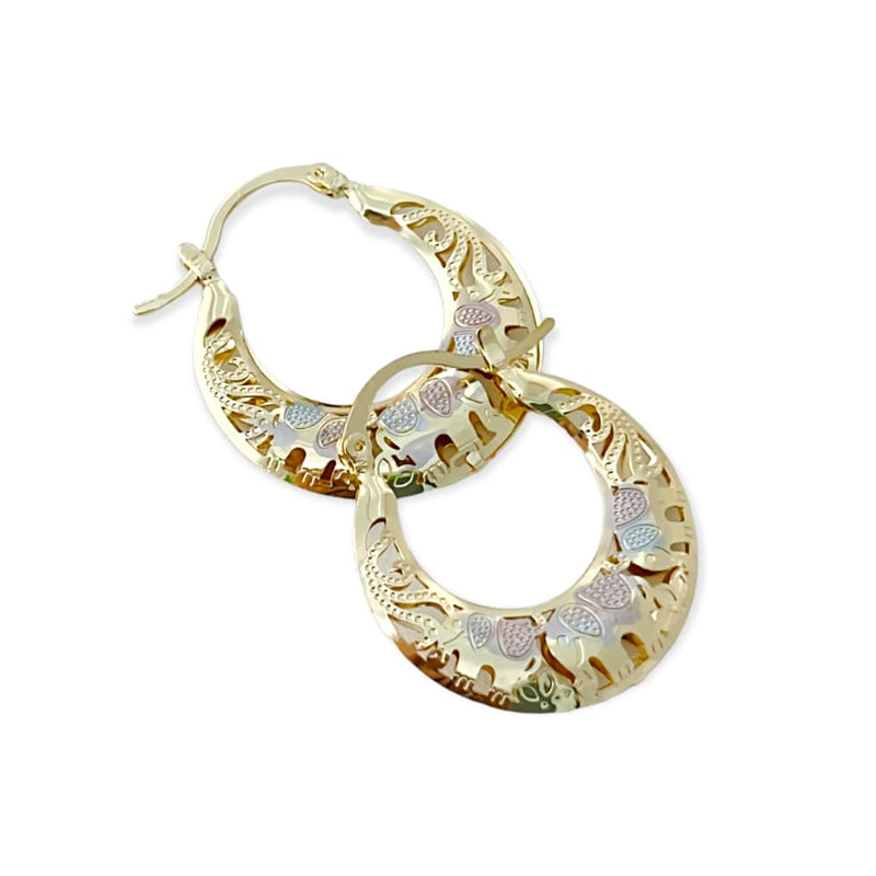 Elephants tricolor filigree hoops earrings in 18k of gold plated earrings