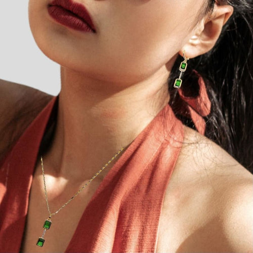 Esme double faux emerald square stone necklace set 18kts gold plated Necklace Set