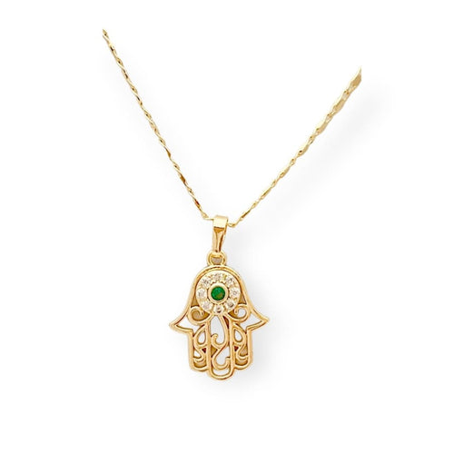 Fatima’s hand green cz stones necklace chain in 18k of gold plated chain