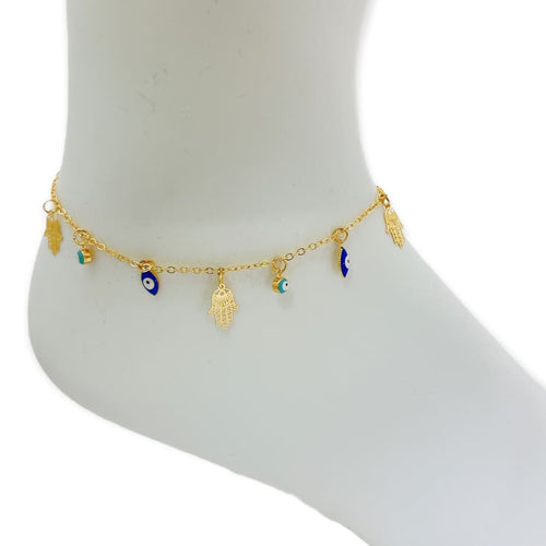 Filigree hamsa hands with blue and turquoise evil eye charm anklet 18k of gold plated anklet