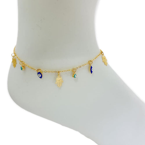 Filigree hamsa hands with blue and turquoise evil eye charm anklet 18k of gold plated