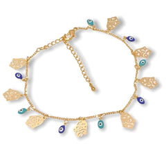 Filigree hamsa hands with blue and turquoise evil eye charm anklet 18k of gold plated anklet