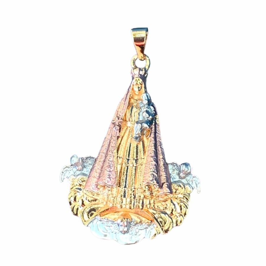 Floating virgin with angels clouds pendant three tones in 18kts of gold plated charms
