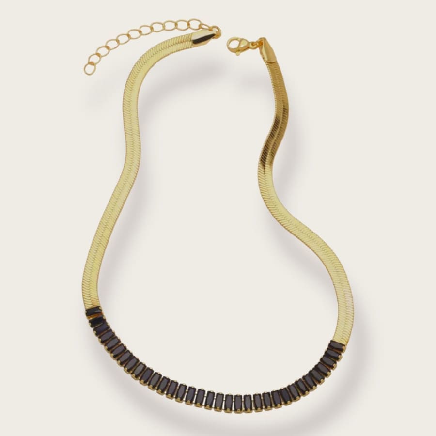 Half baguette stones half herringbone choker chain necklace in 18kts gold plated black chains