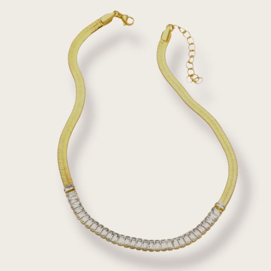 Half baguette stones half herringbone choker chain necklace in 18kts gold plated white chains