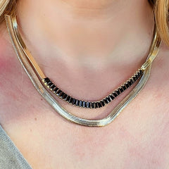 Half baguette stones half herringbone choker chain necklace in 18kts gold plated chains