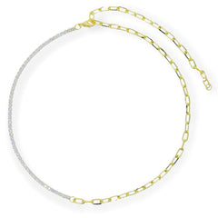Half tennis stones half paperclip choker chain necklace in 18kts gold plated chains