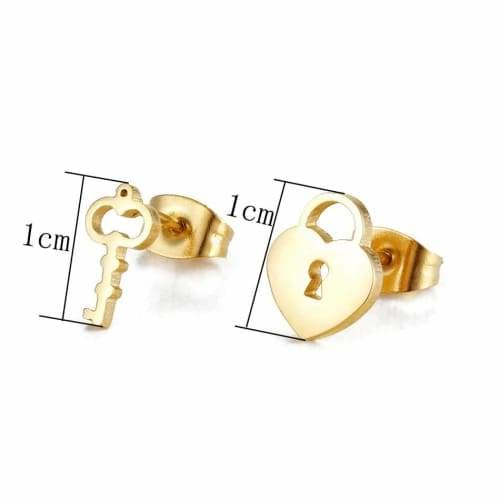 Heart lock and antique key gold stainless steel studs earrings earrings