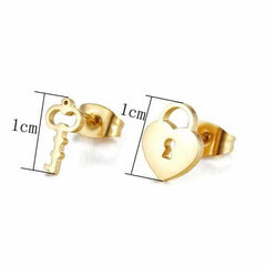 Heart lock and antique key gold stainless steel studs earrings earrings