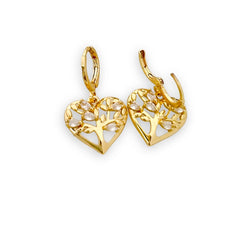 Heart shape cz tree of life gold-filled piece earrings