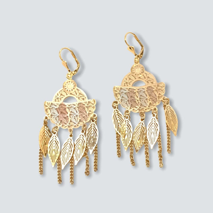 Leaf drops tricolor chandelier earrings 18k of gold plated earrings