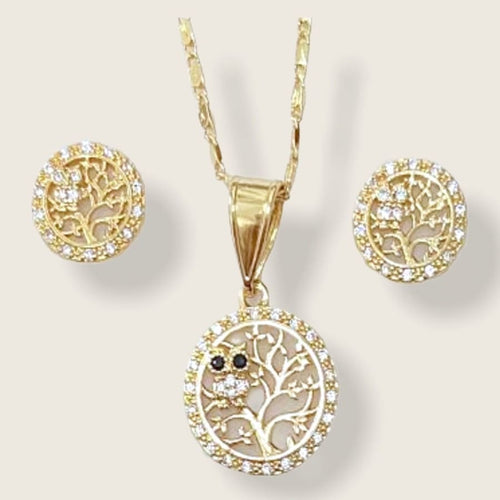 Lulu crystal tree of life owl set in 18k gold plated chains