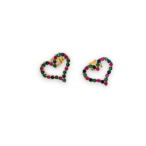 Multicolor hearts cz studs in 18k of gold layered earrings