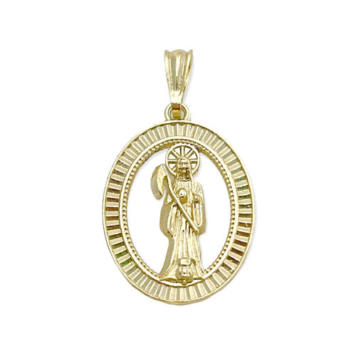 Oval shape grim reaper santa muerte pendant in 18k of gold layering charms & pendants