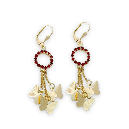 Red cz butterflies cascade lever back 18k of gold plated earrings