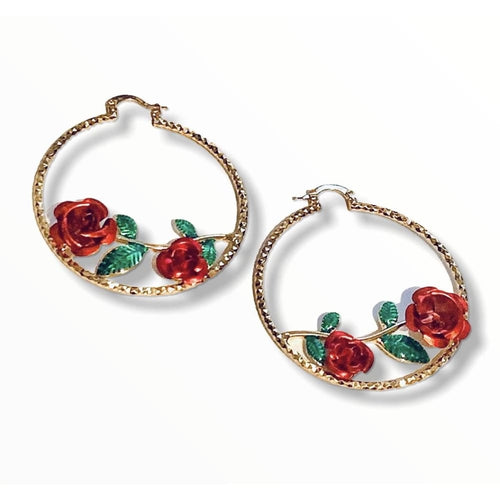 Red rose hoop earrings raf rossi gold plated