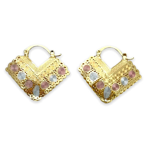 Retro heart shape hollow tri - color hoops earrings in 18k of gold plated