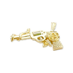 Revolver pistol with roses on grip handle in 14k of gold layering charms & pendants