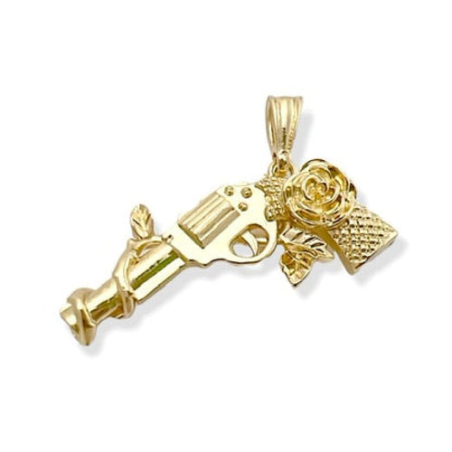 Revolver pistol with roses on grip handle in 14k of gold layering charms & pendants