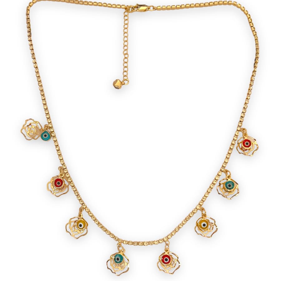 Rose with multicolor evil eye beads necklace in 18k of gold plated chains