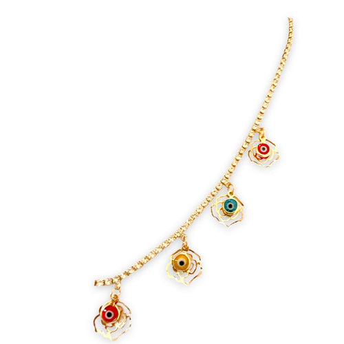 Rose with multicolor evil eye beads necklace in 18k of gold plated chains