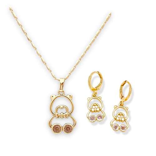 Teddy bear pink crystals set 18k of gold plated chains