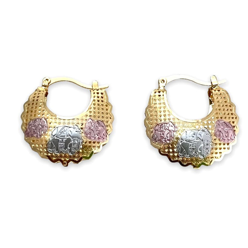 Three elephants filigree hollow tri-color hoops earrings in 18k of gold plated earrings